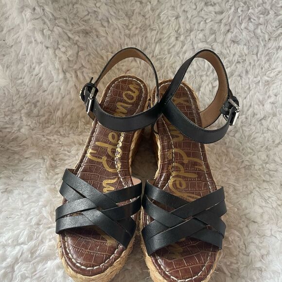 Sam Edelman Darline leather Black Espadrilles platform wedge strap sandals SZ9M - Picture 2 of 10